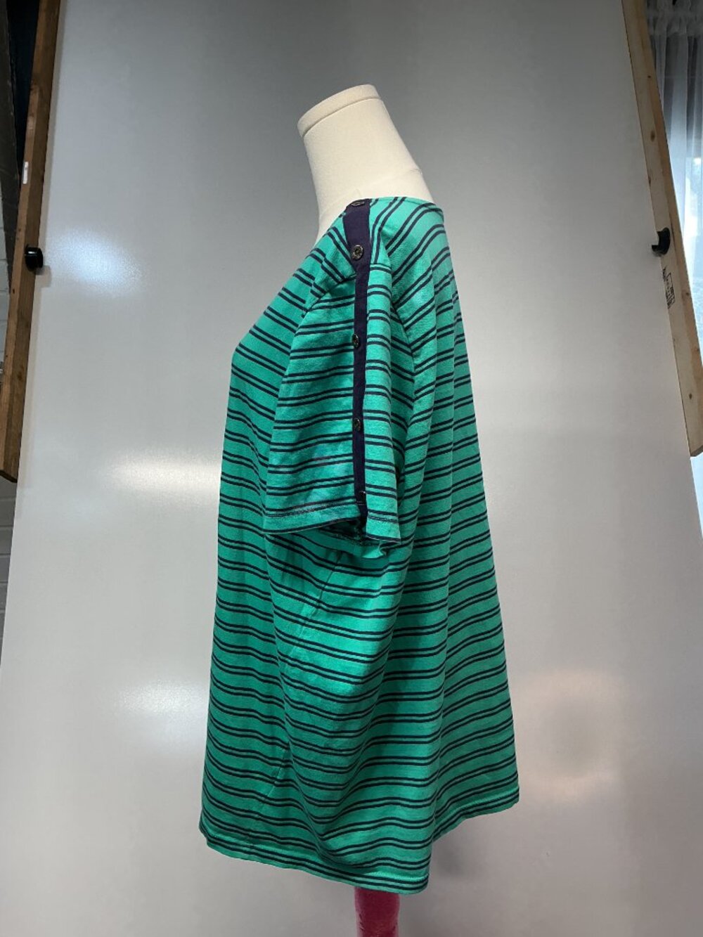 Coral Bay Woman 3X Green Navy Striped Cotton Top Button Shoulder Plus Size - Picture 7 of 10